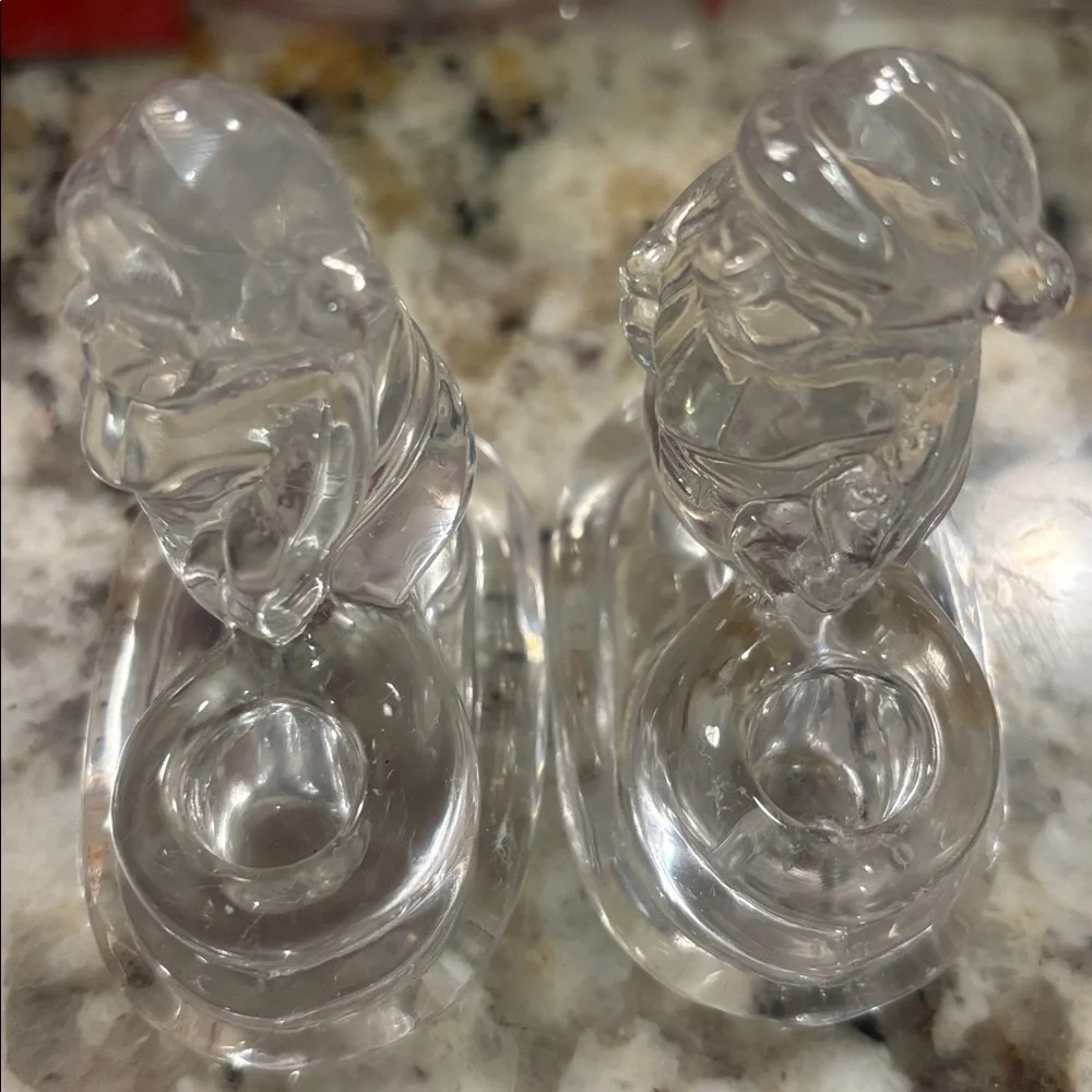 Williams Sonoma Clear Glass Santa Tiny Taper Candle Holders